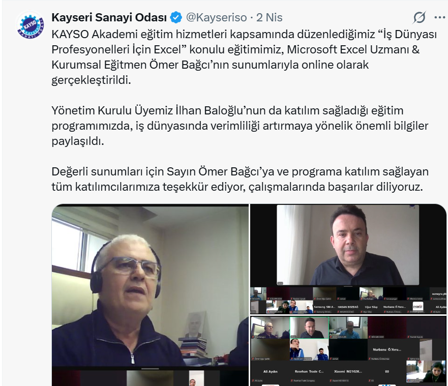 Kayseri Sanayi Odası Excel Eğitimi